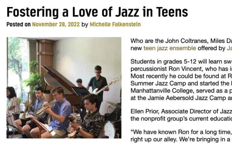 Screenshot of article about Jazz Forum Student Ensemble from ArtsWestchester